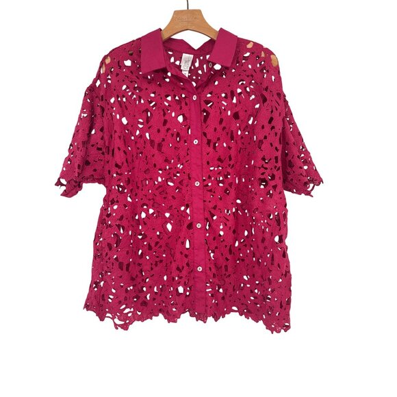 Wynne Collection Womens Eyelet  Blouse size 1X plus Pink Lace Collared Shirt - Picture 2 of 6